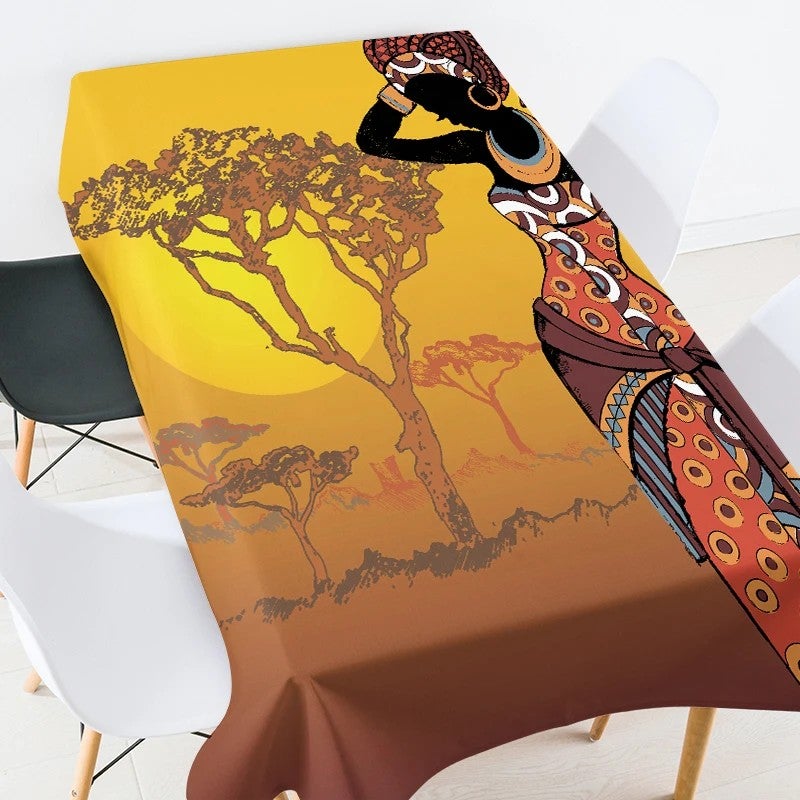 Bluejw Digital Printed African Tribe Woman Design Polyester Fabric Tablecloth - Image 1